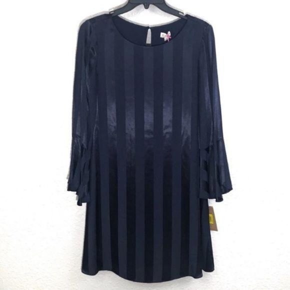 Cremieux Satin Dress Tulip Sleeve Striped Dark Blue Size XS New - Picture 2 of 9
